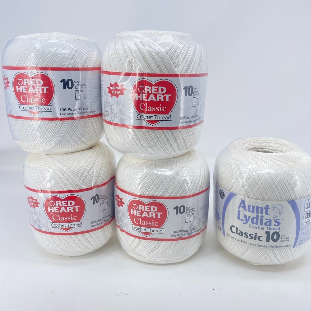 Lot 5 Red Heart Aunt Lydias Classic 10 Crochet Thread White 1000yd Spools Art139